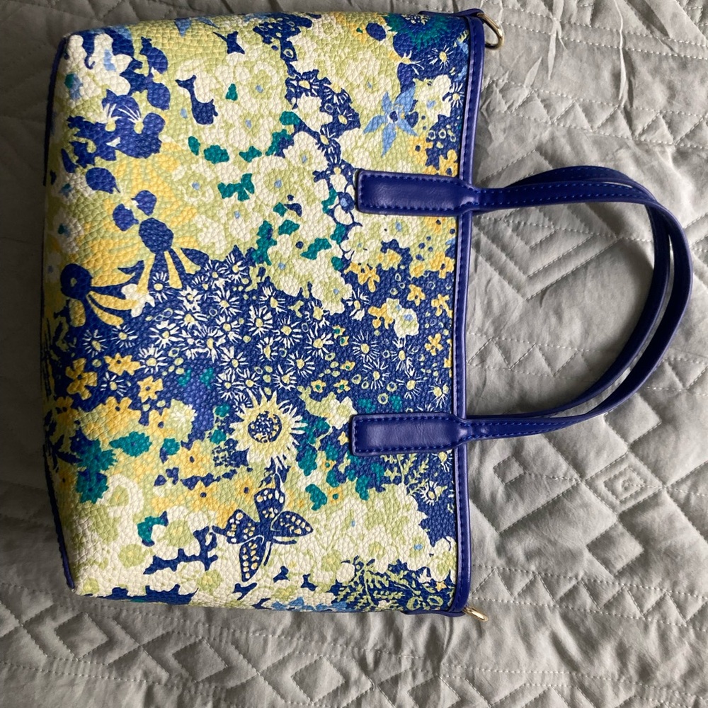Talbots Floral Blue and Yellow Leather Tote Bag